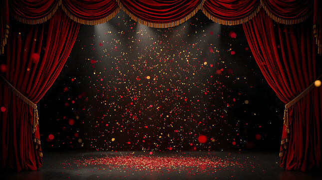 A theatrical stage scene with rich crimson velvet curtains parting to reveal a dark proscenium filled with floating golden sparkles and drifting red confetti, created with generative ai