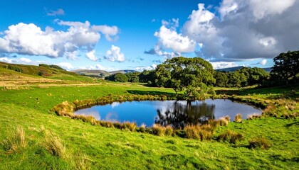 Fototapeta premium Picturesque landscape featuring a serene pond reflecting the vibrant sky and lush greenery.