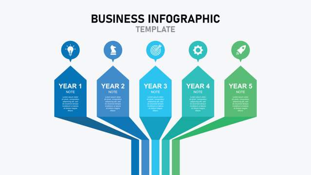 Business Infographic Template with Five Upward Arrows in Blue to Green Monochrome Representing Step-by-Step Growth from Year 1 to Year 5 with Strategy and Innovation Icons