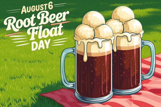 Celebrate root beer float day with frosty mugs on green grass