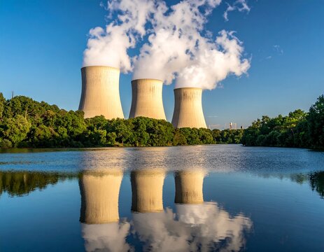 Nuclear Power Plant Cooling Towers Reflecting in Calm Lake Water Under Blue Sky.