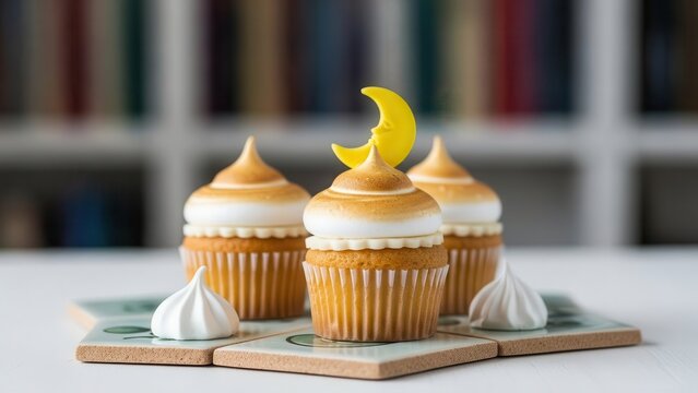 Three meringuetopped cupcakes arranged on small square tiles, featuring a decorative yellow crescent moon, set against a blurred background of bookshelves
