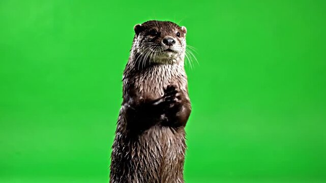 A wet otter stands upright on its hind legs with its paws together, against a vibrant green screen background.