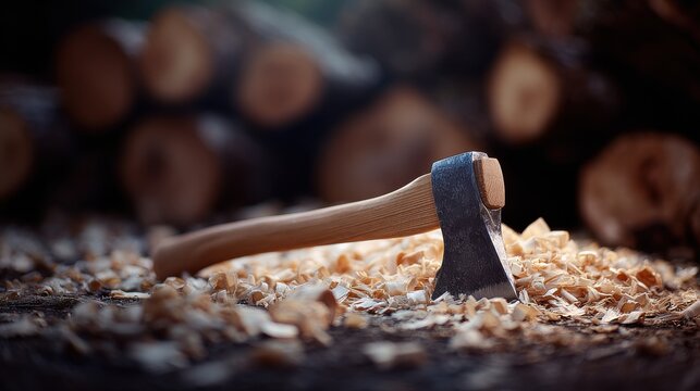 Rustic axe embedded in freshly chopped wood shavings with logs in background