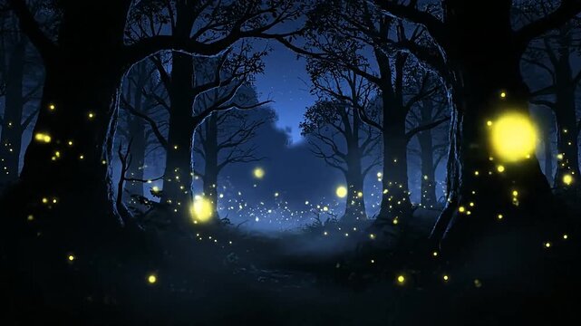 Fireflies flying in a dark forest at night