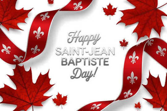 Happy SaintJean Baptiste Day celebration with maple leaves and banners