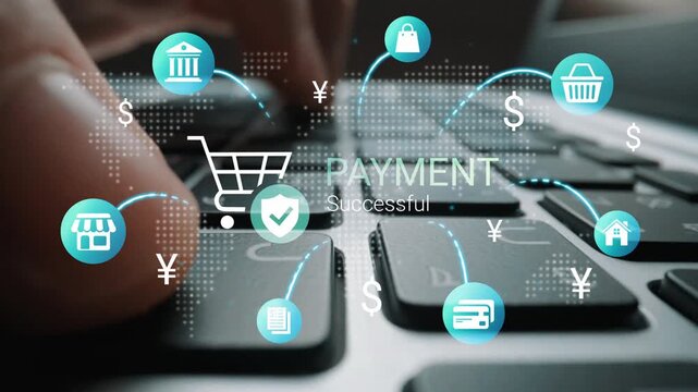 Digital transaction technology showcases online payment success with visual icons representing commerce, finance, shopping, and connectivity in a modern environment Gluon.