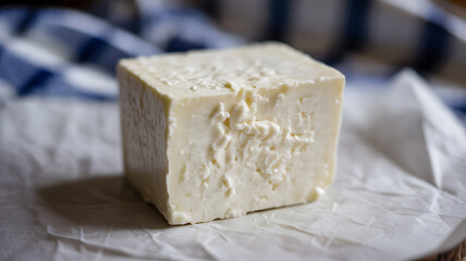 A block of white cheese sits on a piece of parchment paper