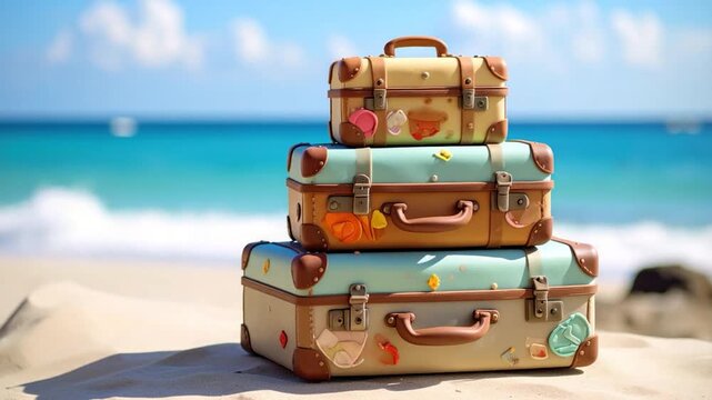 Stacked vintage suitcases on a sandy beach, ocean in background