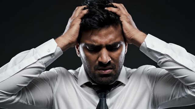 Stressful Moment for a Man with a Headache Hands Clutching His Head in Despair