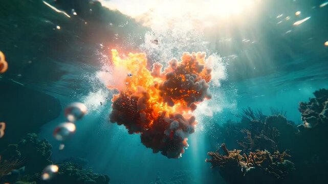 Underwater explosion with bright orange core and cloudy smoke, coral reef