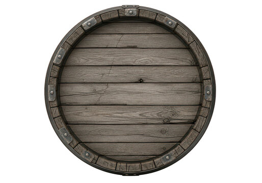 Wooden barrel lid viewed from above with metal bands on transparent background