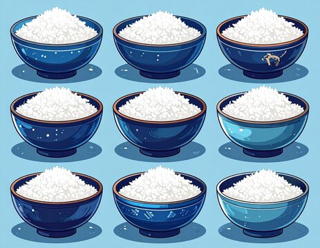Nine Bowls of Steaming White Rice on a Light Blue Background, Food Illustration.