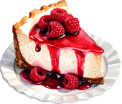 Raspberry sauce cheesecake slice watercolor illustration