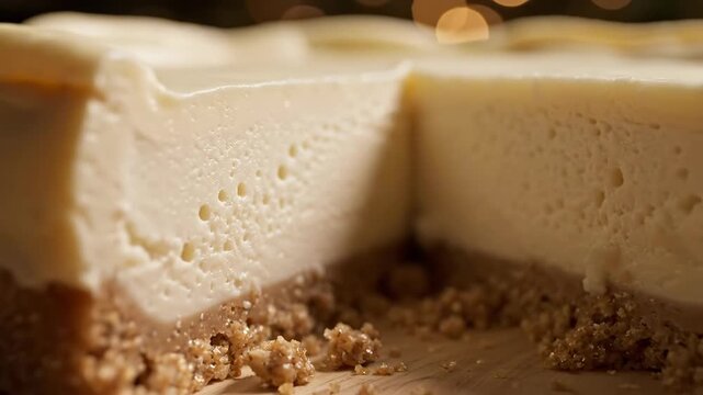 Close-up of a delicious cheesecake with a crumbly base.
