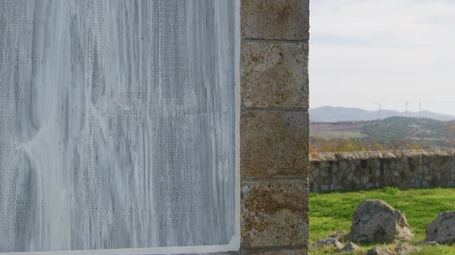 Cinematic shot of Doiran Memorial and Military Cemetery near the Macedonia border honoring British and Commonwealth soldiers of the First World War Macedonian Front
