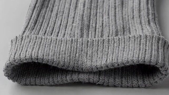 Closeup medium shot of elastic ribbed knit fabric cuff featuring a tight 1x1 stitch pattern showcasing stretchy garment edges ideal for comfort and fit.
