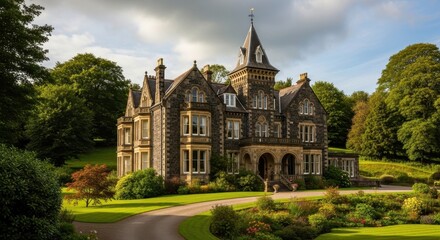 Obraz premium Majestic Scottish Mansion Amidst Lush Greenery and Cloudy Skies.