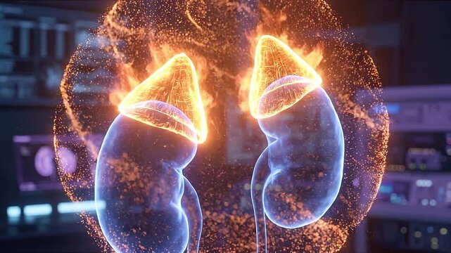 Ai kidney diagnostic screen glowing adrenal gland health technology medical anatomy research human body urinary system hormone science biology futuristic medical interface organ scan concept