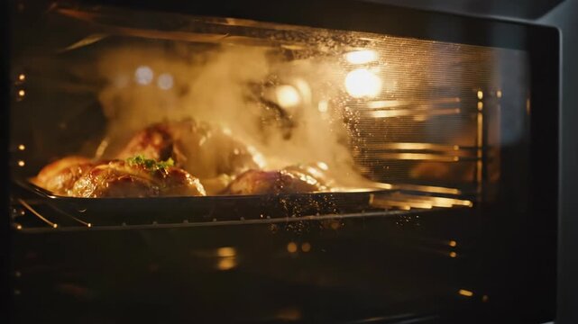 Close up of food cooking inside a modern kitchen oven with steam rising.