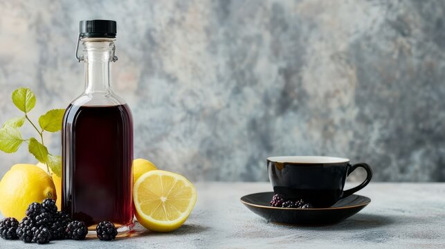 Blackcurrant syrup in a bottle, side by side with a cup of tea and lemon slices .