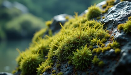 Close up of vibrant green moss growing on a textured gray rock surface with soft natural light highlighting the
