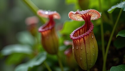 Close up of carnivorous Pitcher Plants Nepenthes in a lush green forest with dew drops glistening on their speckled red