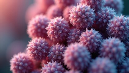 Macro view of fuzzy pink spheres with frost like particles against a blurred background with soft pink and blue