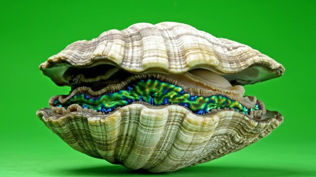 A large, partially open clam with a vibrant, iridescent mantle against a green background.