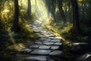 Fototapeta premium An ancient stone pathway winding through a dense forest, surrounded by towering trees and dappled sunlight filtering through the foliage, inviting exploration.