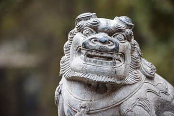 Weathered Stone Guardian Lion Statue Close-Up
