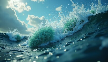Dynamic Ocean Wave Splashing with Turquoise Spheres Under Bright Sunny Sky with Scattered Clouds
