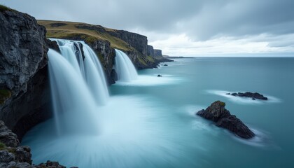 Powerful Coastal Waterfall Cascading into Turquoise Ocean Under Cloudy Sky