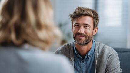 Fototapeta premium Empathetic male therapist engaging with diverse patient in modern clinic