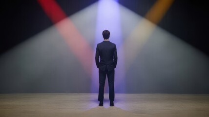 Obraz premium A person standing in a spotlight on a stage with colorful lights in the background