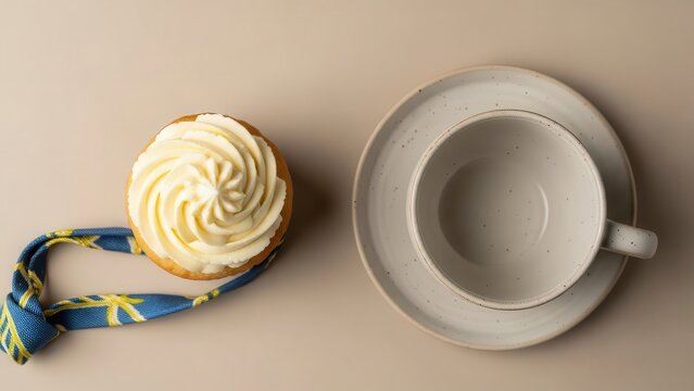 Overhead view of a frosted cupcake with a blue patterned ribbon next to an empty ceramic teacup and saucer on a beige surface