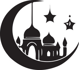 Obraz premium A captivating black silhouette featuring a mosque nestled within a crescent moon with hanging stars and lanterns.