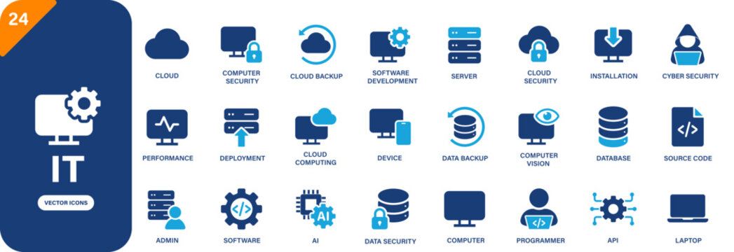 IT icon. Including server, technology, installation, database, software development. Solid vector icon set.