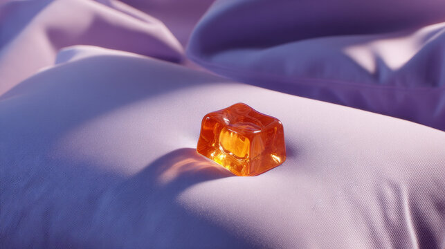 Sleep gummy cube resting alone on smooth lavender pillow with soft light creating calm and peaceful mood