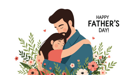 Loving bearded father hugging his young daughter tightly surrounded by beautiful flowers for a happy Father's day.