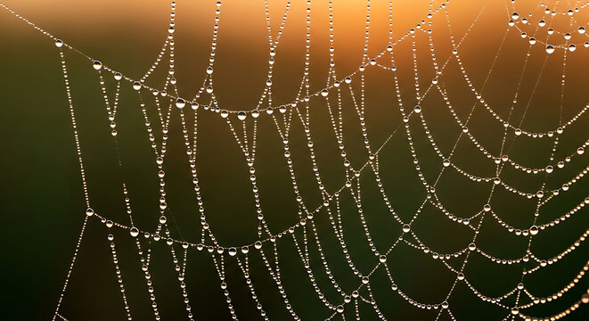 A macro close-up of a morning spider web covered in wet dew drops reveals an intricate nature pattern of silk droplets trapped in a delicate water net design