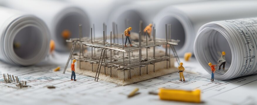 Miniature toy construction site blueprint creative model indoor workspace close-up view