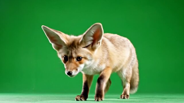 A small fennec fox with large ears walks cautiously on a green screen background, looking forward.