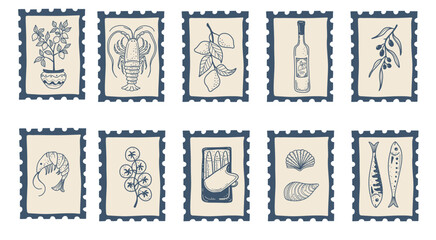 Obraz premium Decorative postage stamps inspired by southern European cuisine and coastal lifestyle. Suitable for food branding and travel visuals.