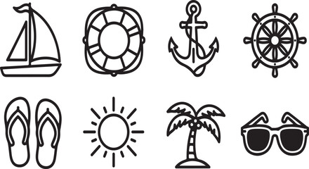 A collection of nautical and beach-themed icons including a sailboat, flippers, and sunglasses Vector © Nur