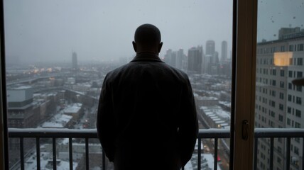 A person gazes out over a cityscape from a high-rise balcony on a foggy day.