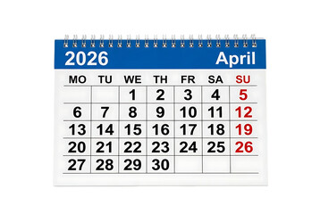 Calendar page for april 2026 showing month and days of week with weekend highlighted in red and transparent background with subtle checkered pattern for easy compositing
