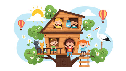 Fototapeta premium Group of joyful children playing in a large wooden treehouse surrounded by animals, flowers, and hot air balloons.