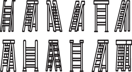 A collection of various ladder designs and styles in a simple black and white illustration Vector © Nur