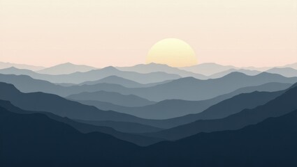 A serene sunset over a vast mountain range with rolling hills and valleys